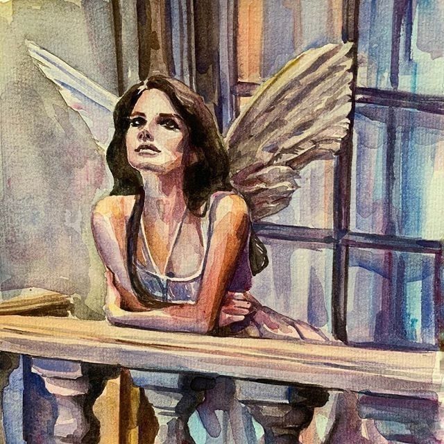 a painting of a woman sitting at a table with an angel wings on her back