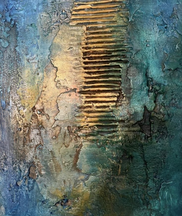 an abstract painting with gold and blue colors