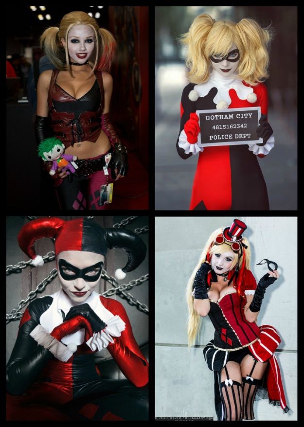 four different photos of women dressed as harley and catwoman, one with a sign on her chest