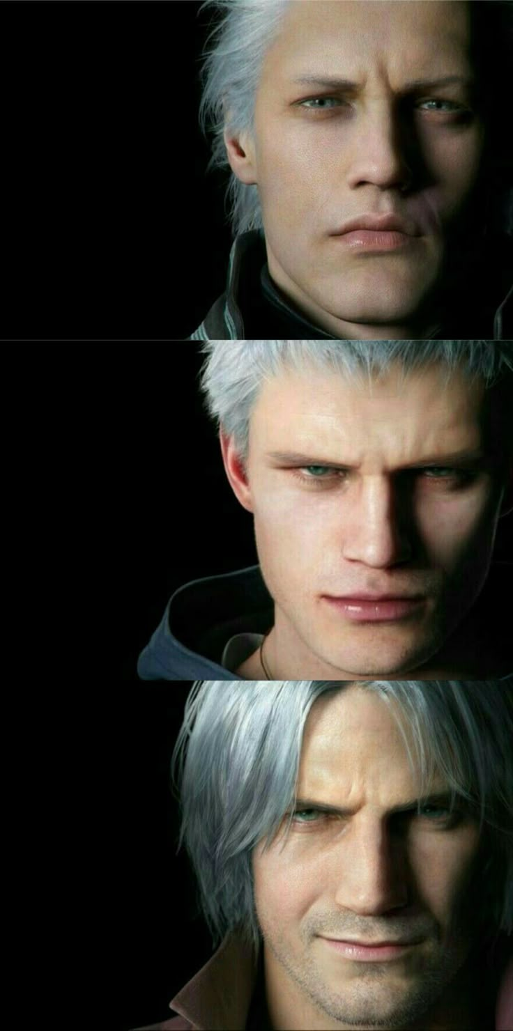 three different pictures of the same person with white hair and grey hair, one is staring at