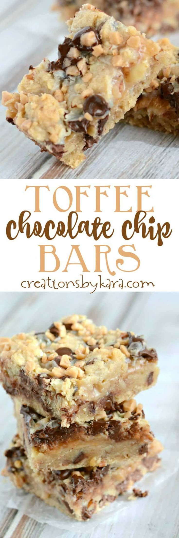 chocolate chip bars stacked on top of each other with the words toffee chocolate chip bars