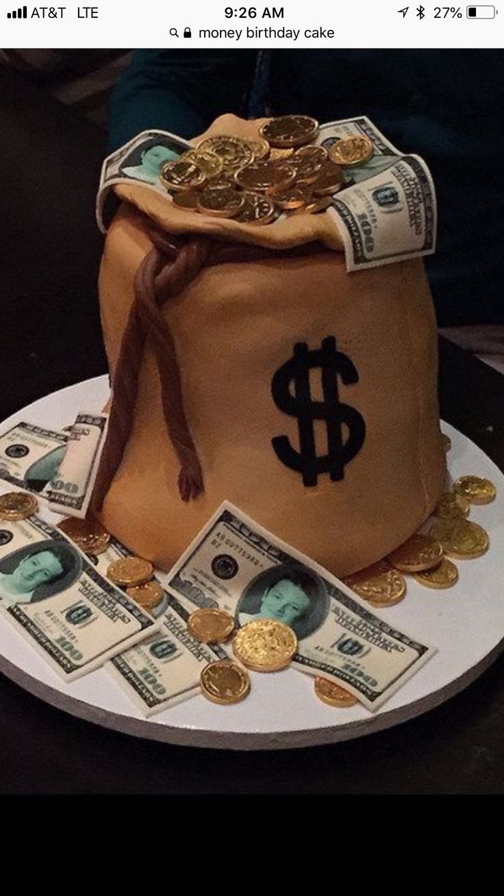 a cake made to look like a money bag