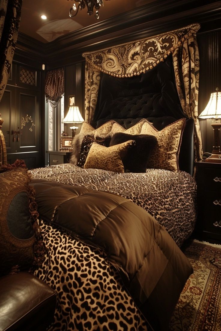 Luxurious bedroom with leopard print bedding, ornate pillows, and elegant lighting. Mob Wife Bedroom, Cheetah Room Ideas, Cheetah Print Bedroom Aesthetic, Classy Master Bedrooms Decor, Leopard Print Room Aesthetic, Capricorn Bedroom Aesthetic, All Black Bedroom Ideas For Women, Leopard Bedroom Ideas, Leopard Print Room Decor