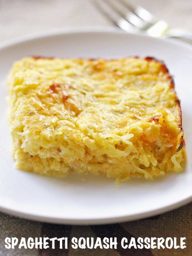 a square piece of spaghetti squash casserole on a white plate