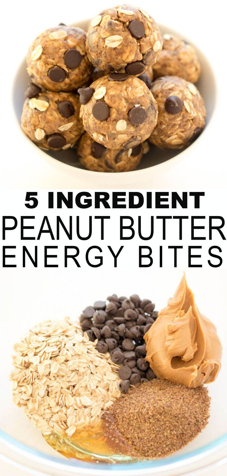 peanut butter energy bites with chocolate chips, oats and peanut butter on the side