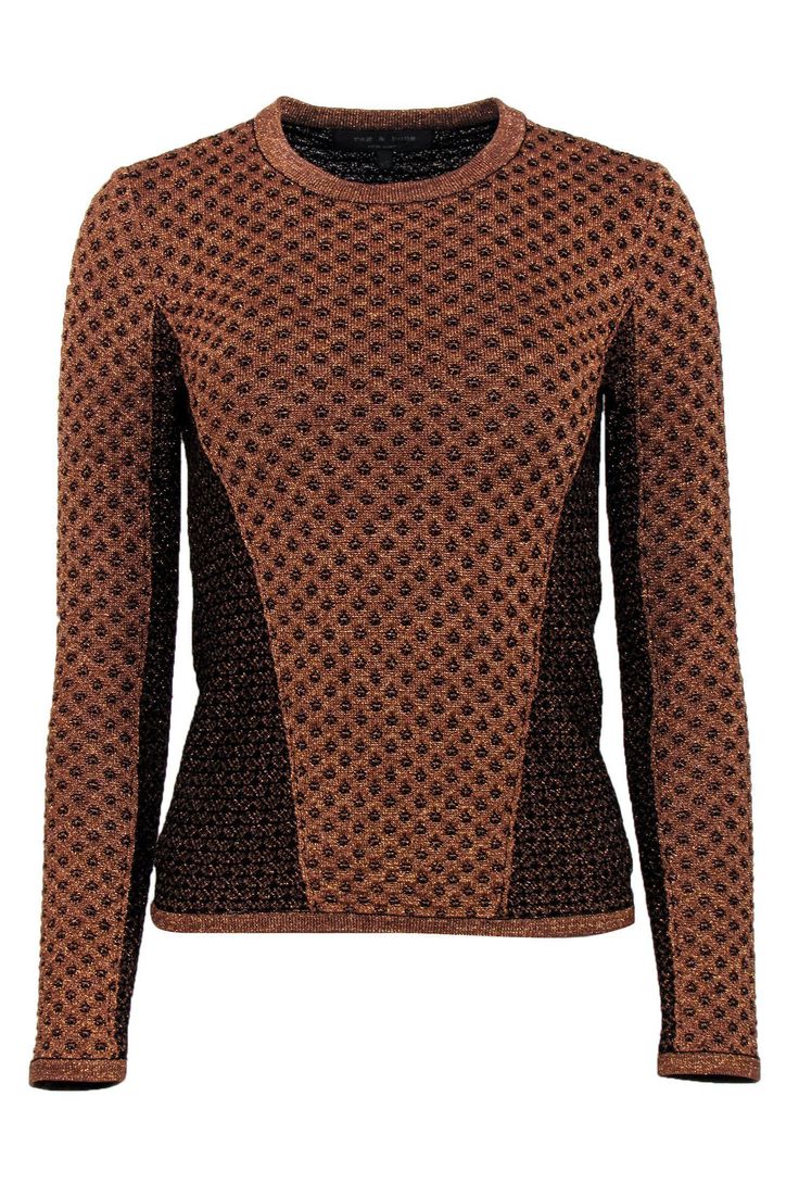 Current Boutique-Rag & Bone - Copper & Black Metallic Knit Sweater Sz XS Fitted Knit Top For Winter Nights Out, Winter Party Knit Top, Elegant Knit Top For Winter, Winter Long Sleeve Knit Top For Party, Winter Party Long Sleeve Knit Top, Glamorous Long Sleeve Winter Sweater, Winter Party Stretch Knit Top, Fitted Knit Top For Winter Party, Stretch Knit Top For Winter Party