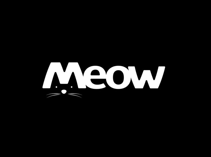 the word meow with a cat's head in white on a black background