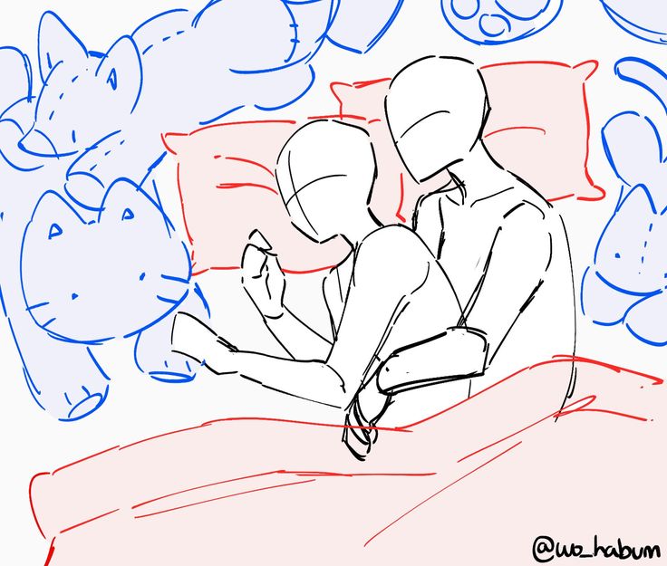 a drawing of two people sitting on a bed next to each other with stuffed animals in the background