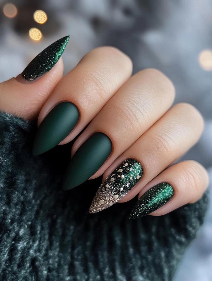 Green Christmas Nails 2025: Festive Nail Art Ideas to Spark Holiday Cheer Matte Xmas Nails, Christmas Nail Ideas Stiletto, Metallic Holiday Nails, Green Cat Eye Nails Short, Xmas Nails Green And Gold, Evergreen Christmas Nails, Classy Green Christmas Nails, Black Christmas Nail Art, Forest Green Nails Christmas