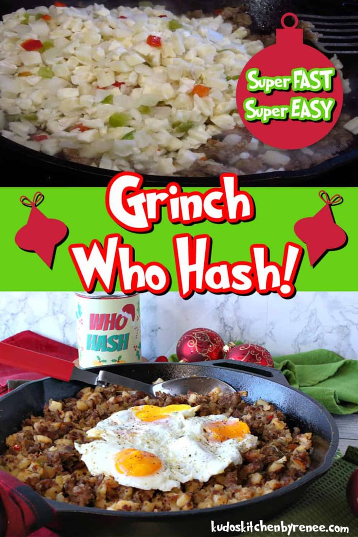 an egg and rice dish in a skillet with the words, grin who hash?