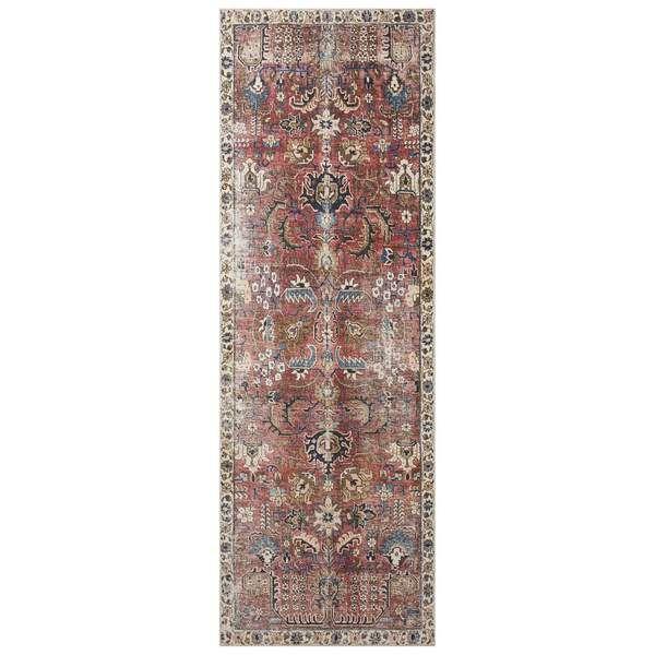 an antique persian rug with red, blue and beige colors on the bottom half of it