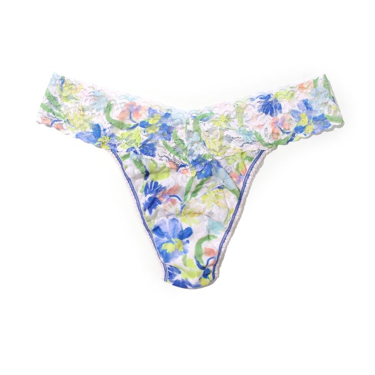 The World’s Most Comfortable Thong® Hanky Panky's signature stretch lace collection is perfectly stretchy, never digs in, and disappears even under the tightest clothes. Made even better in colourful prints. Style# PR4811 Style: Printed Lace Original Rise Thong Fabric: Body: 100% Nylon; Trim: 90% Nylon, 10% Spandex; Gusset Lining: 100% Supima® Cotton. Made in the USA. Design: Bright floral print regular rise thong is perfect for every day. Comfy, seamless waistband disappears under clothes. Soft, stretch signature lace with cotton gusset. Fit and Tips: Original Rise fits higher on the hips. Fits size 4-14 (hips measuring 36"-45"). No visible panty line (VPL) Multicolor Seamless Bottoms For Spring, Spring Multicolor Seamless Bottoms, Fitted Multicolor Intimate Briefs, Spring Lace String Bottoms, Lace Collection, Colourful Prints, Usa Design, Tights Outfit, Supima Cotton