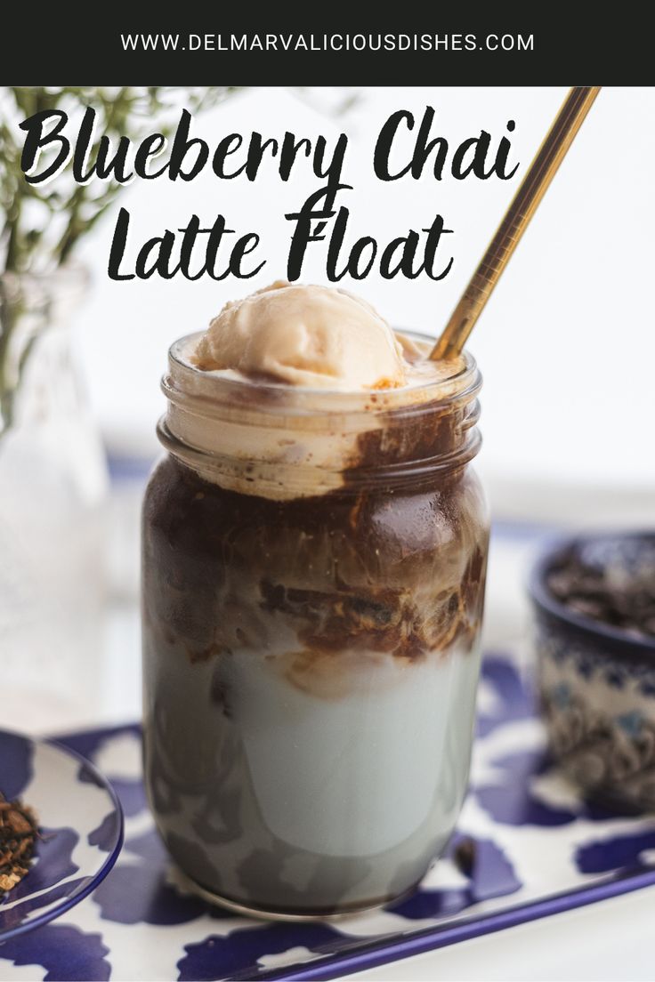 blueberry chai latte float in a mason jar