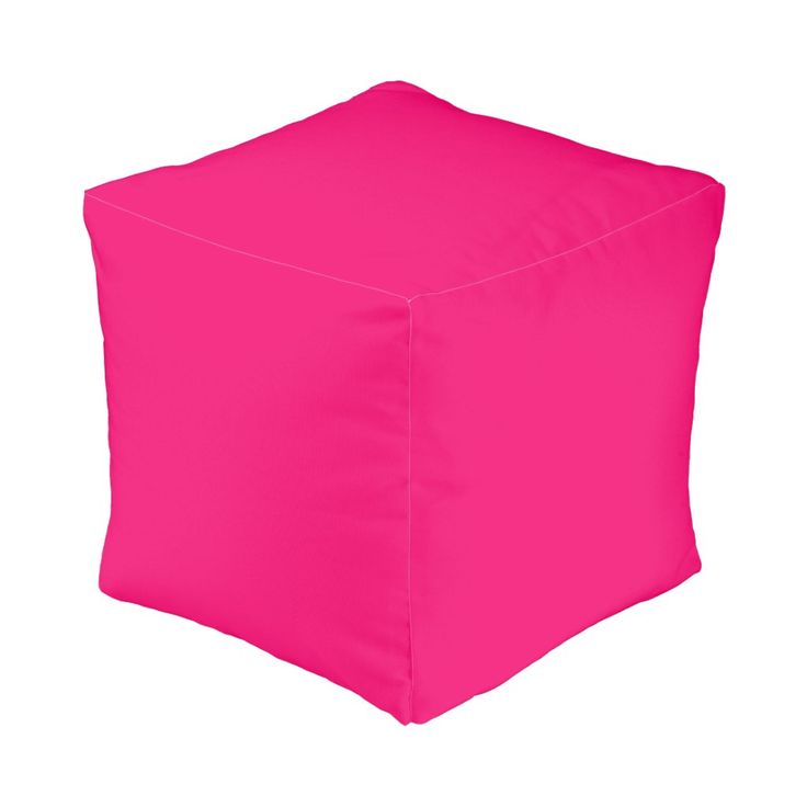 a bright pink square ottoman cover on a white background