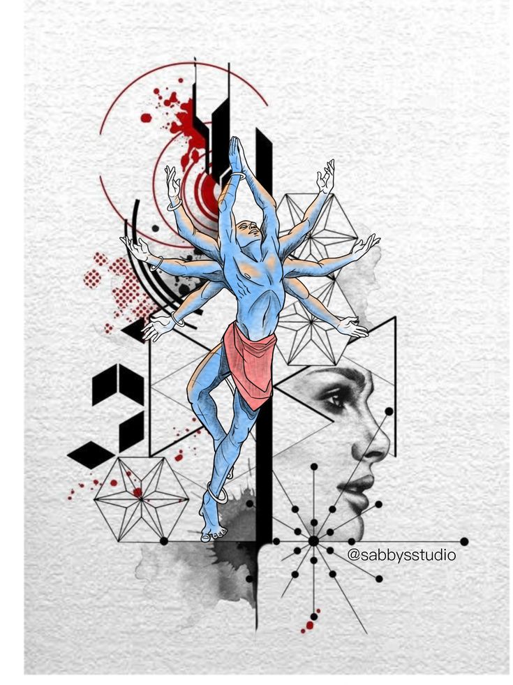 an artistic drawing of a woman with her hands up in the air, surrounded by geometric shapes