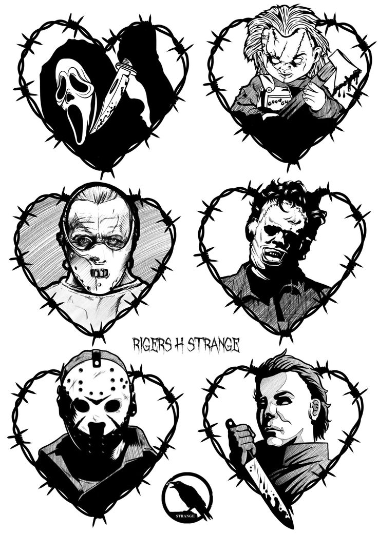 four different faces drawn in black and white with barbed wire around them, each depicting the characters