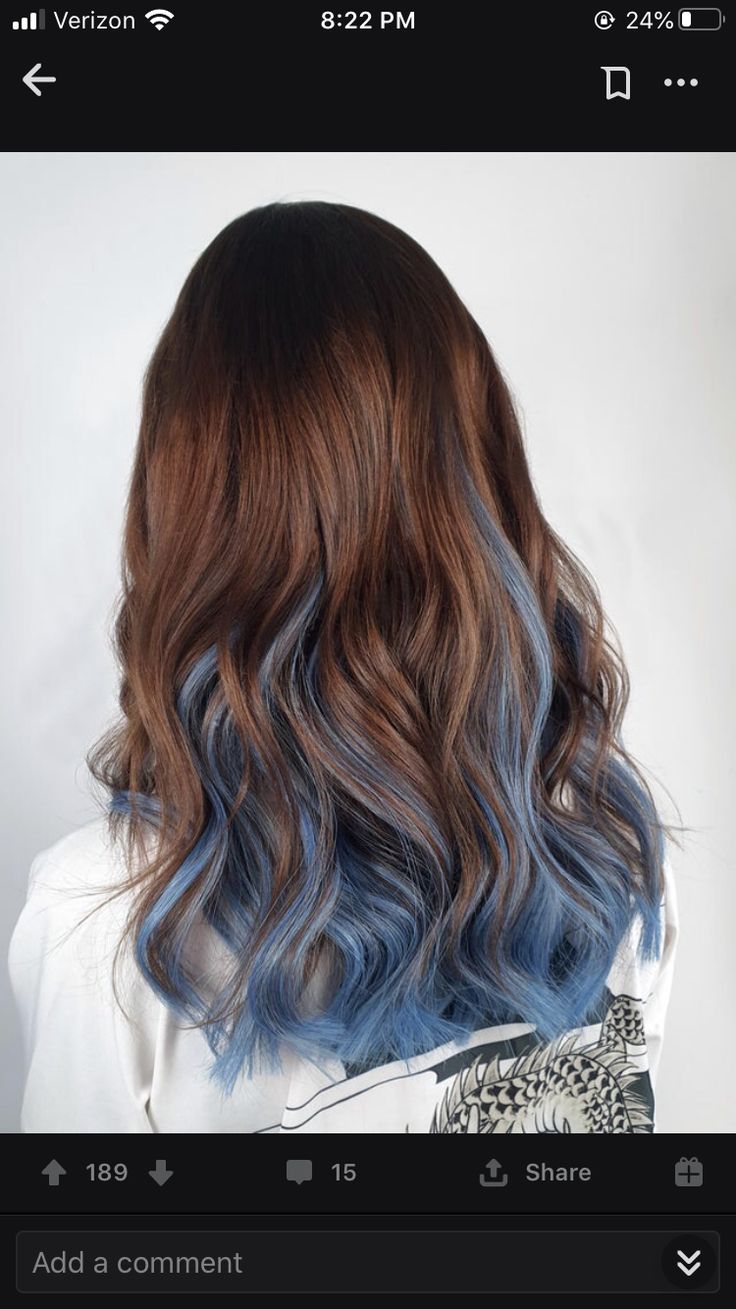 Brunette Hair With Blue Tips, Hair Dye Blue Highlights, Light Brown Hair With Blue Tips, Blue Tinted Brown Hair, Brown And Blue Balayage, Blue Faded Hair, Medium Brown Hair With Blue Highlights, Light Brown Hair Blue Highlights, Hair Dye Ideas For Wavy Hair