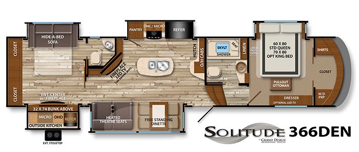 the floor plan for a travel trailer that is equipped with an additional kitchen and living area