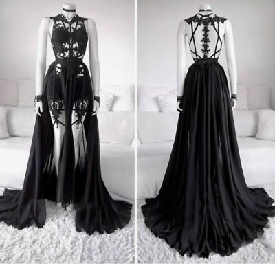 Vintage Black Chiffon Wedding Dresses Sexy A Line Backless Straps Bridal Gowns  | eBay Gaun Abad Pertengahan, 00s Mode, Fantasy Dresses, Fantasy Gowns, Fantasy Dress, Gothic Outfits, Fantasy Fashion, Edgy Outfits, Dark Fashion