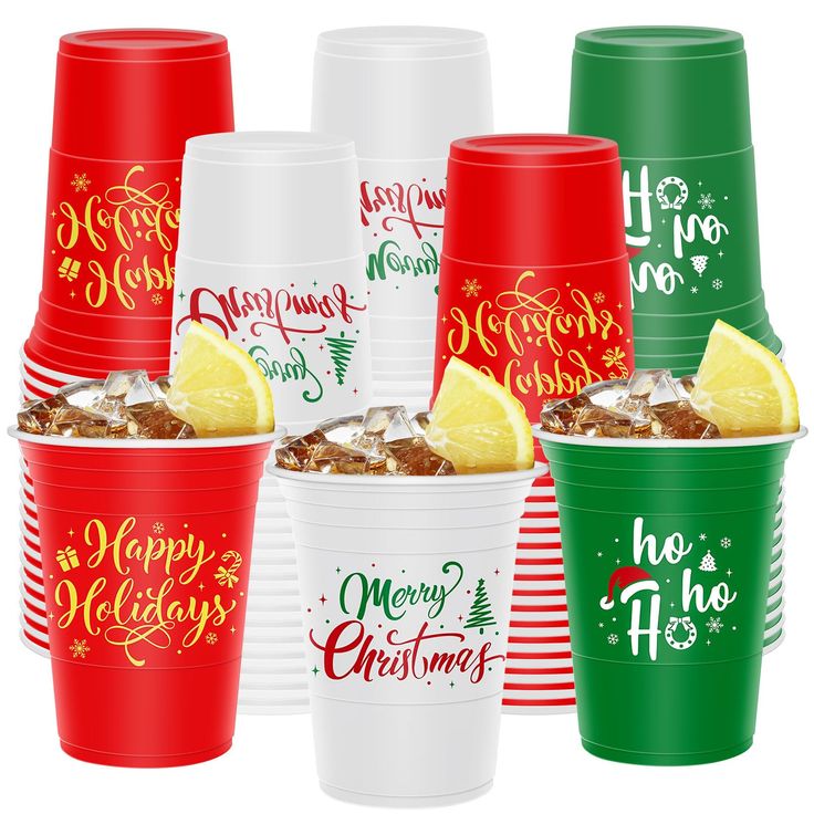 the cups have different designs on them and are red, green, white, and yellow