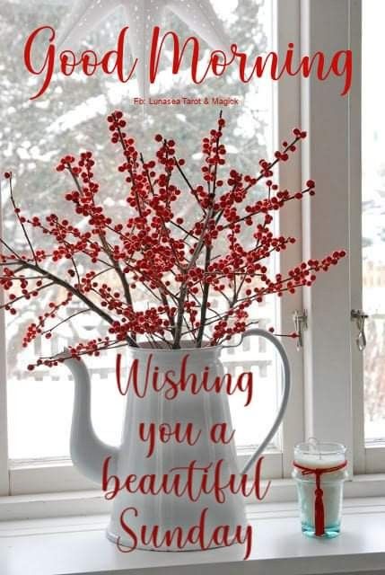 a vase filled with red berries sitting on top of a window sill next to a cup