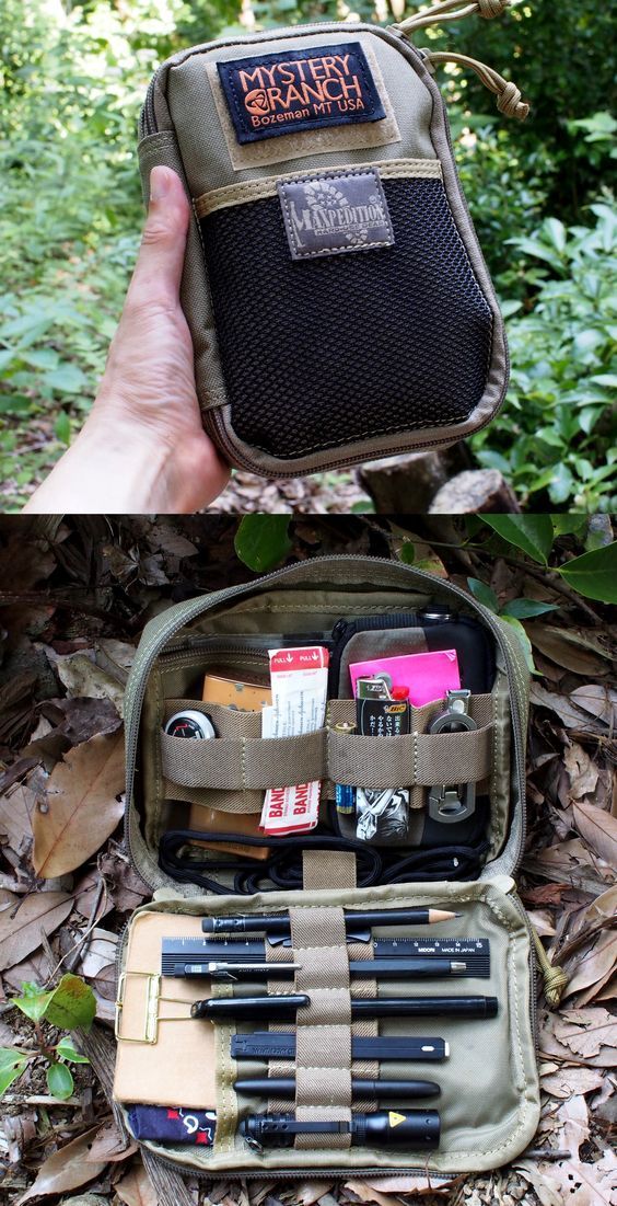 the contents of an outdoor survival kit are shown in two separate images, one is open and the other is closed