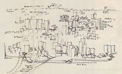 a drawing of a city with lots of tall buildings on top of it's sides