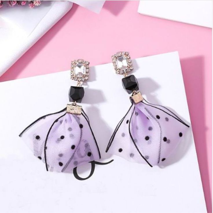 White Rectangle Rhinestone Lavender/Purple Polka Dotted Ribbon Drop Earrings Women Fashion Jewelry Size: 2(W) X 3 (L) Inches Metal: Zinc Alloy Elegant Purple Jewelry For Summer, Elegant Purple Summer Jewelry, Elegant Summer Purple Jewelry, Purple Earrings For Summer Party, Summer Party Purple Earrings, Elegant Lavender Earrings For Party, Trendy Lavender Jewelry For Party, White Rectangle, Earrings Women