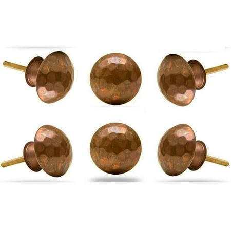 four copper colored knobs with wooden handles on each one side and three different sized knobs in the middle