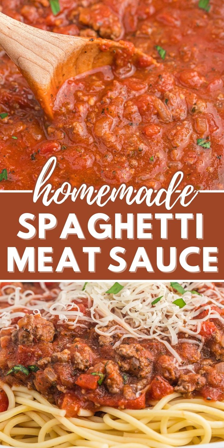 homemade spaghetti with meat sauce in a pan