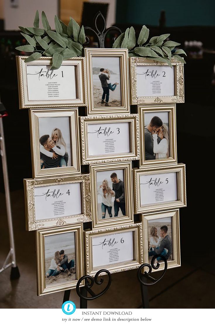 a wedding photo display with pictures and greenery on it's easel for the guests to sign