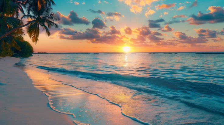 the sun is setting over the ocean with palm trees in the foreground and water on the beach