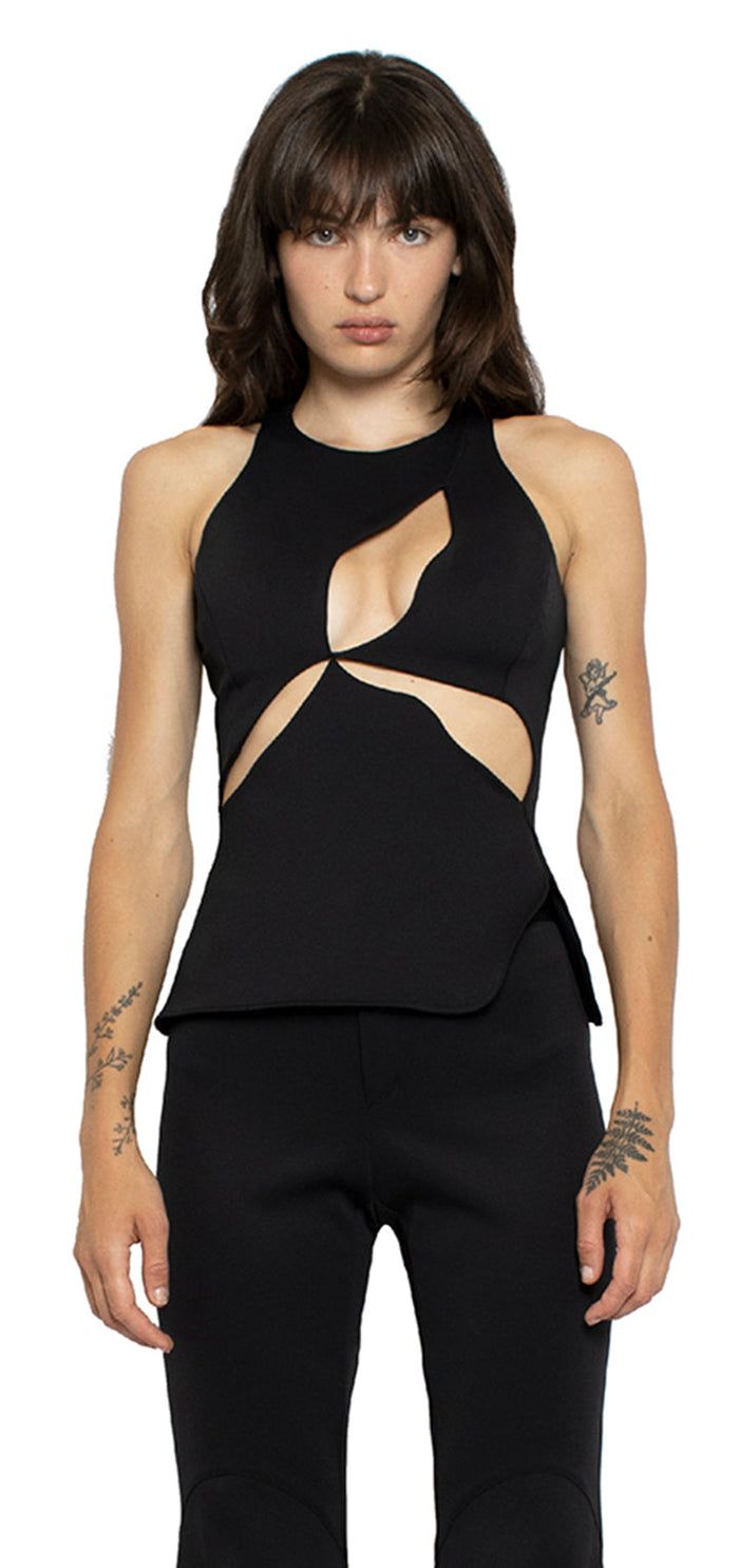 Elegant Fitted Asymmetrical Tank Top, Elegant Asymmetrical Tank Top For Party, Modern Sleeveless Evening Tops, Modern Evening Sleeveless Tops, Modern Sleeveless Tops For Evening, Night Out Cutout Tops, Cutout Tops For Night Out, Elastane Cutout Tops For Night Out, Modern Elastane Party Tops