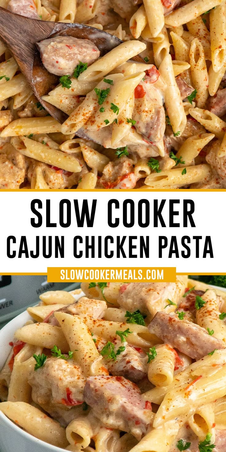 A wooden spoon holding cajun chicken pasta. Creamy Cajun Chicken Pasta Crockpot, Slow Cooker Cajun Chicken Pasta, Crock Pot Cajun Chicken Pasta, Crockpot Cajun Chicken Pasta, Slow Cooker Cajun Chicken Alfredo, Slow Cooker Cajun, Sausage Crockpot Recipes, Chicken Andouille Sausage, Cajun Chicken Pasta Recipe