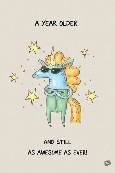 a card with an image of a cartoon unicorn wearing sunglasses and stars on the back