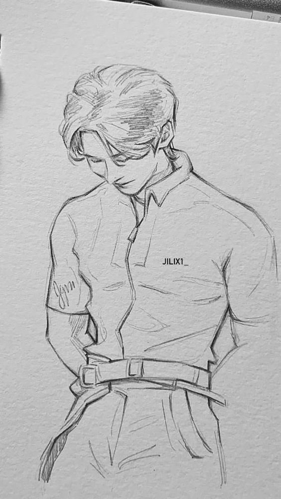 a pencil drawing of a person wearing a shirt and belted pants with his hands on his hips