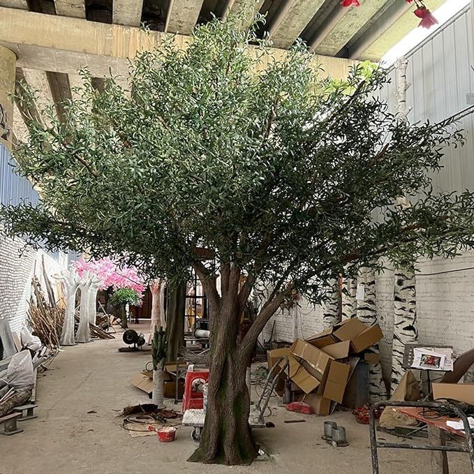 a tree in the middle of a room with boxes on the floor and other items around it