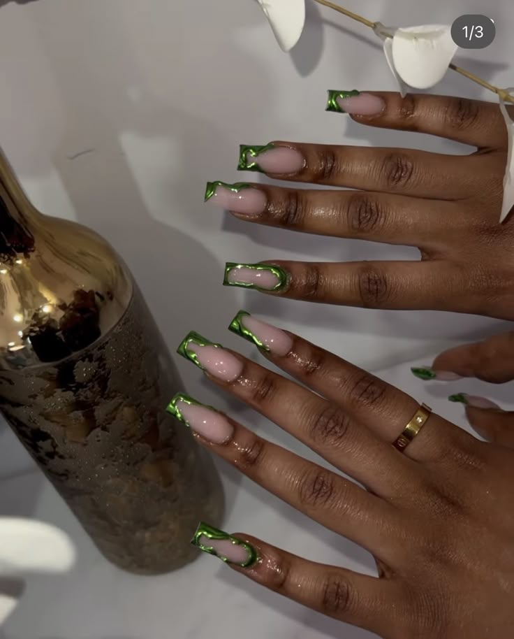 Green And Gold Nail Inspo Acrylic, Green Sets Nails, Green French Tip With Design, Short Acrylic Nails Emerald Green, Unique Green Nails, Gold And Green Prom Nails, Tiana Themed Nails, Taurus Nails Birthday, Green Acyrilics Nails