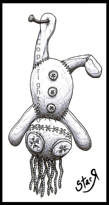 a drawing of a stuffed animal with buttons on it's head and arms, in the shape of a octopus