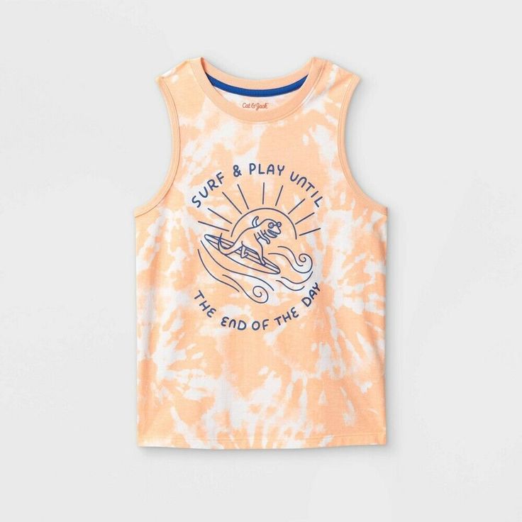 Description:   Update his summer style with this cool and comfy Tie-Dye Tank Top from Cat and Jack. This boys' tank top makes a versatile warm-weather pick. Styled with a basic crew neck, this classic-fit tank top features a dinosaur riding on the surf with "Surf and Play Until the End of the Day" written on a tie-dye backdrop for a fun touch to his casual look. He can wear it with jeans, shorts or joggers, and easily layer it under a hoodie or sweater for cozy style. Size: XXL. Color: orange. G Casual Multicolor Tops For Surfing, Cotton Crew Neck Tank Top For Summer, Summer Cotton Tank Top With Crew Neck, Cotton Sports Tops For Summer, Casual Crew Neck Tank Top For Summer, Summer Crew Neck Bleached Tops, Multicolor Sports Tank Top For Summer, Summer Bleached Crew Neck Top, Summer Bleached Tops With Crew Neck