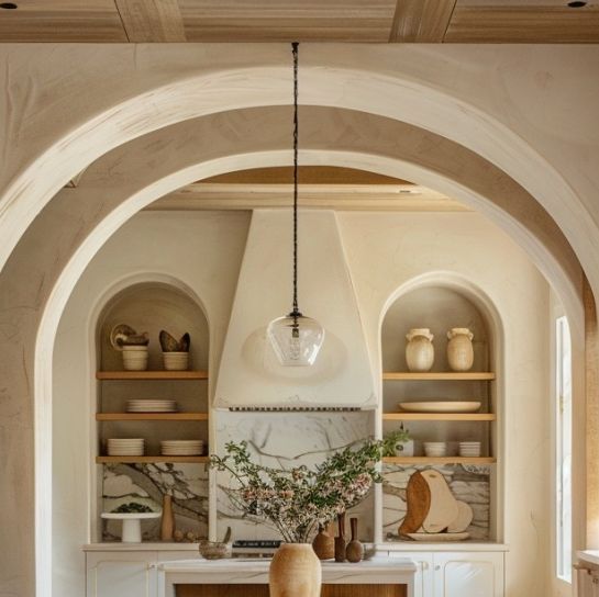 an arched doorway leads into a kitchen with white cabinets and marble counter tops, along with a fireplace