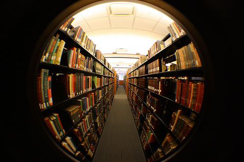 an image of a library with books in the shelves looking out at the camera lens