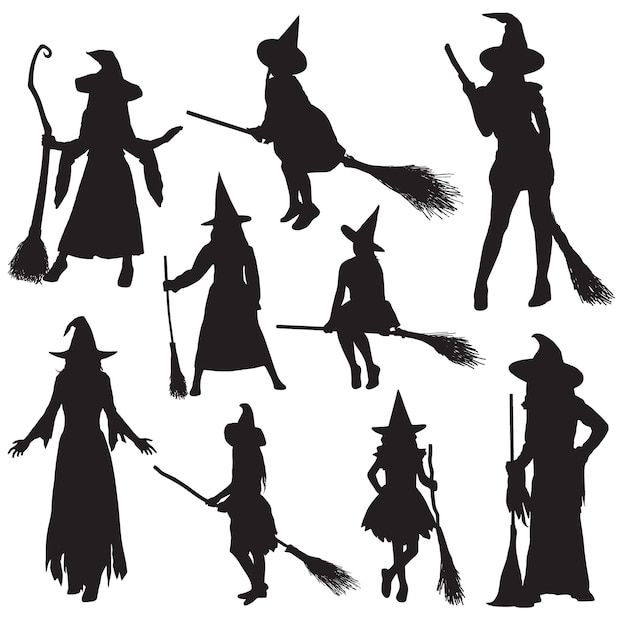 silhouettes of witches with brooms and hats