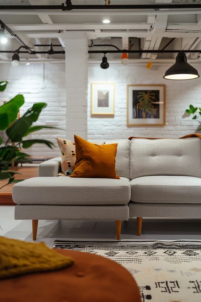 a white couch sitting in the middle of a living room next to a table and potted plants