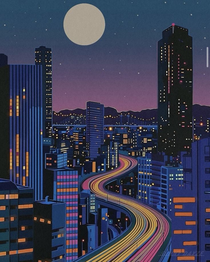 an image of a city at night with the moon in the sky and cars on the road