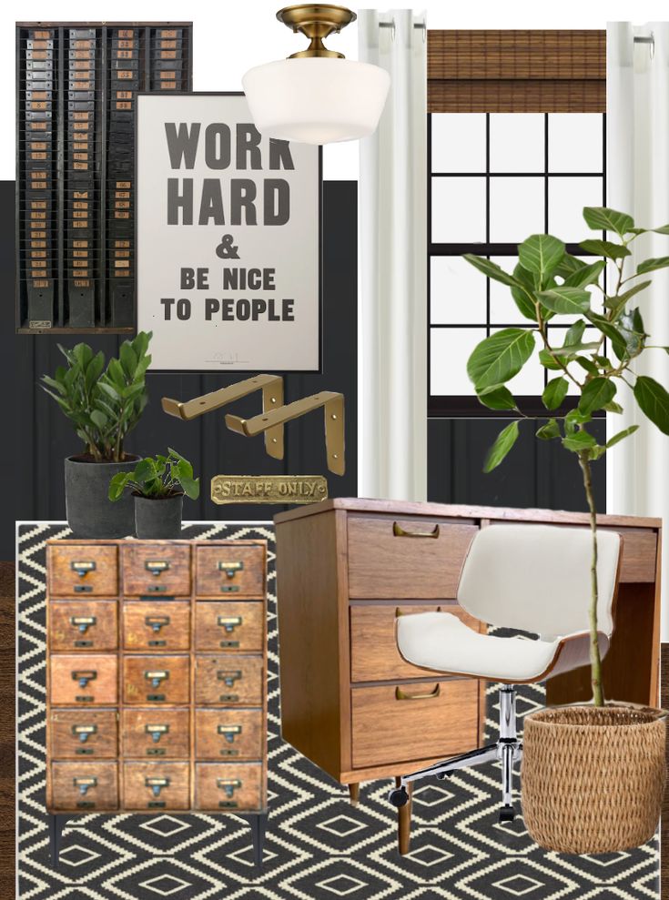 a collage of furniture and decor with plants in the middle, including a chair, desk