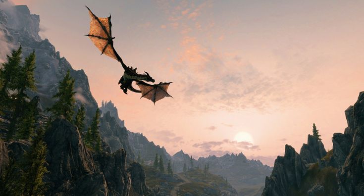 a dragon flying in the sky over some mountains