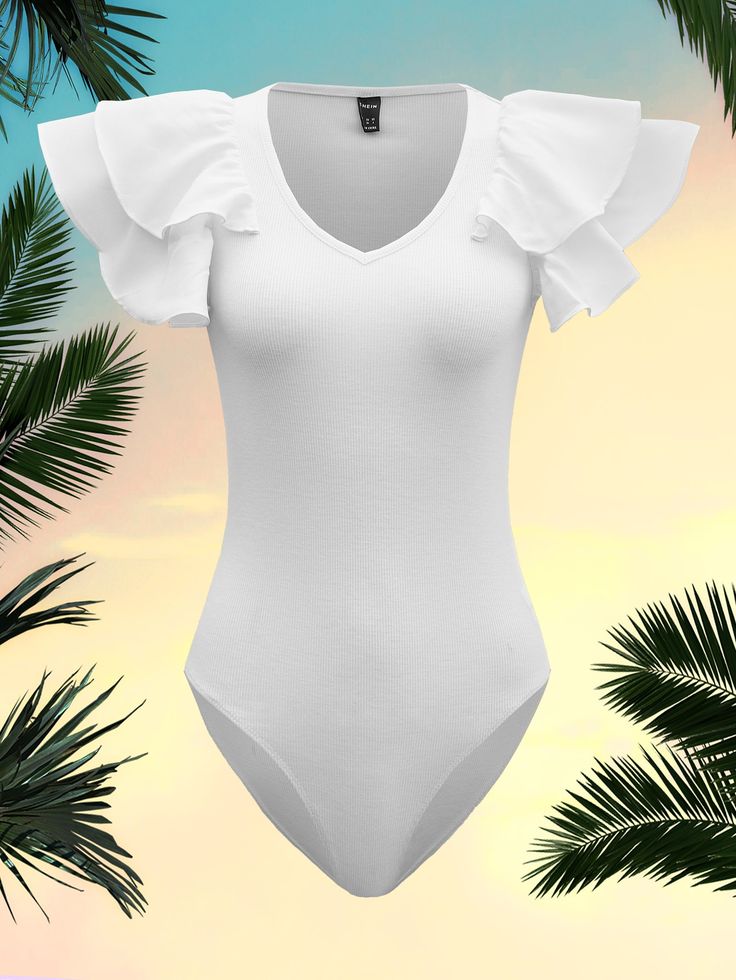 White Elegant  Cap Sleeve Polyester Plain Tee Embellished Slight Stretch Summer Women Jumpsuits & Bodysuits Bodysuit Shirt, Ruffle Bodysuit, Plain Tees, White Bodysuit, Senior Pics, Ruffle Shorts, Summer Clothes, Womens Bodysuit, Sleeves Pattern