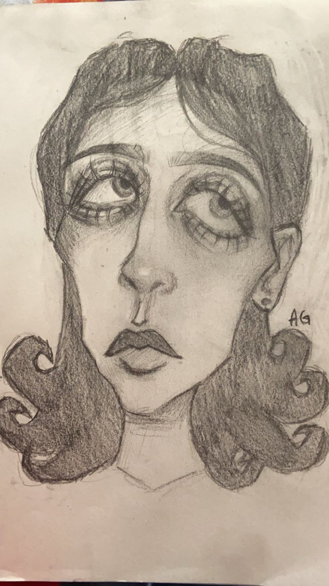 a drawing of a woman's face with long hair and big eyes, in pencil