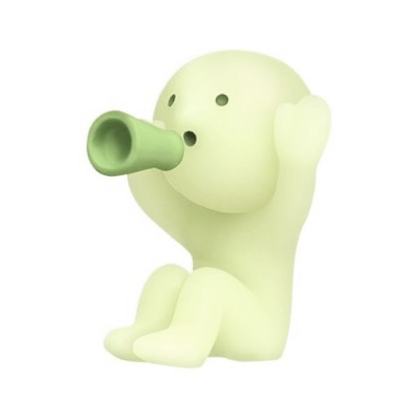 a white plastic animal with a green nose